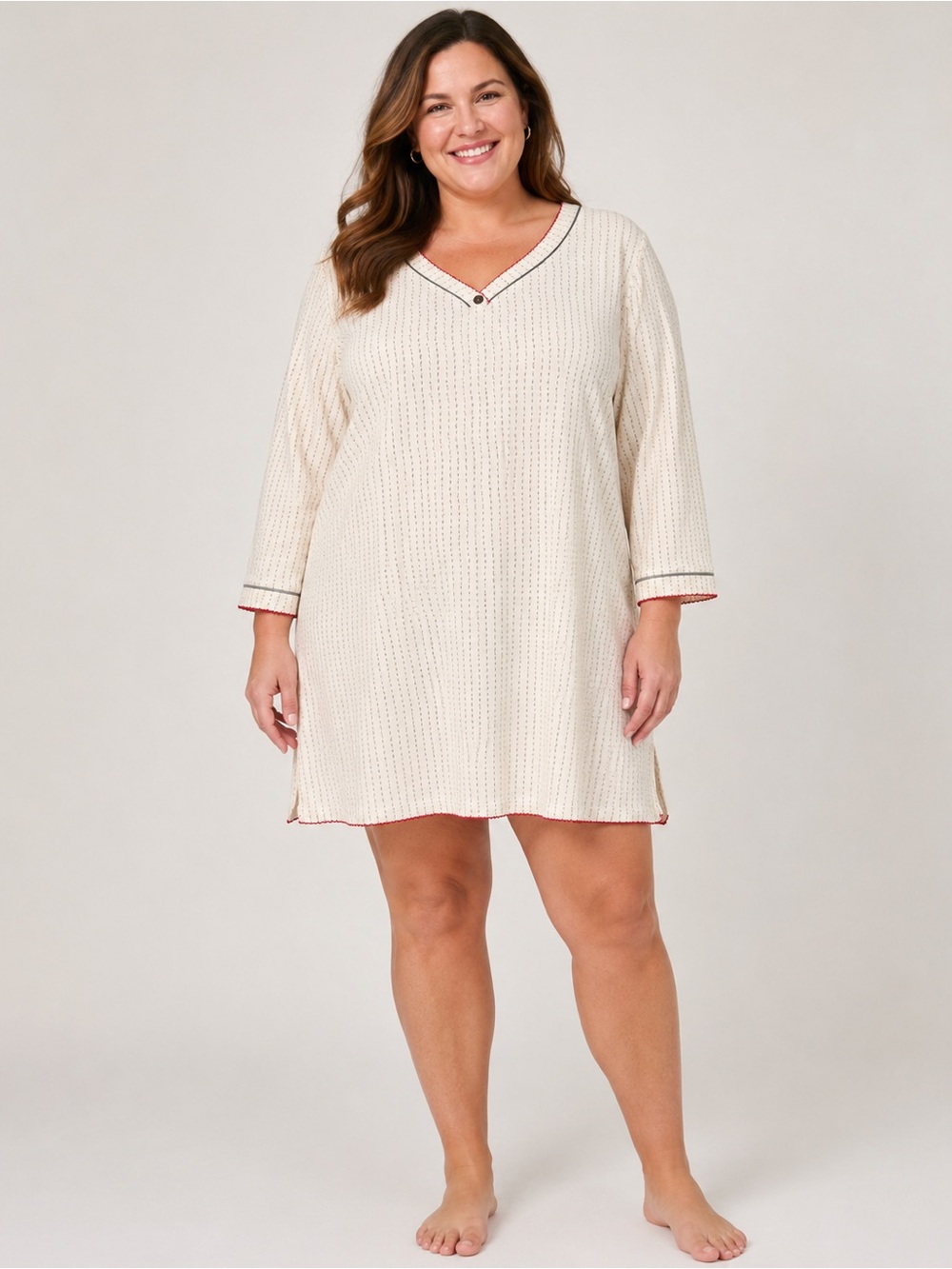 Vintage Voyager Woman Liz Claiborne 1X Cotton Nightshirt Tunic Cream Red
